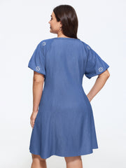 Supersoft Floral Embroidery V Neck Faux Denim Mini Dress