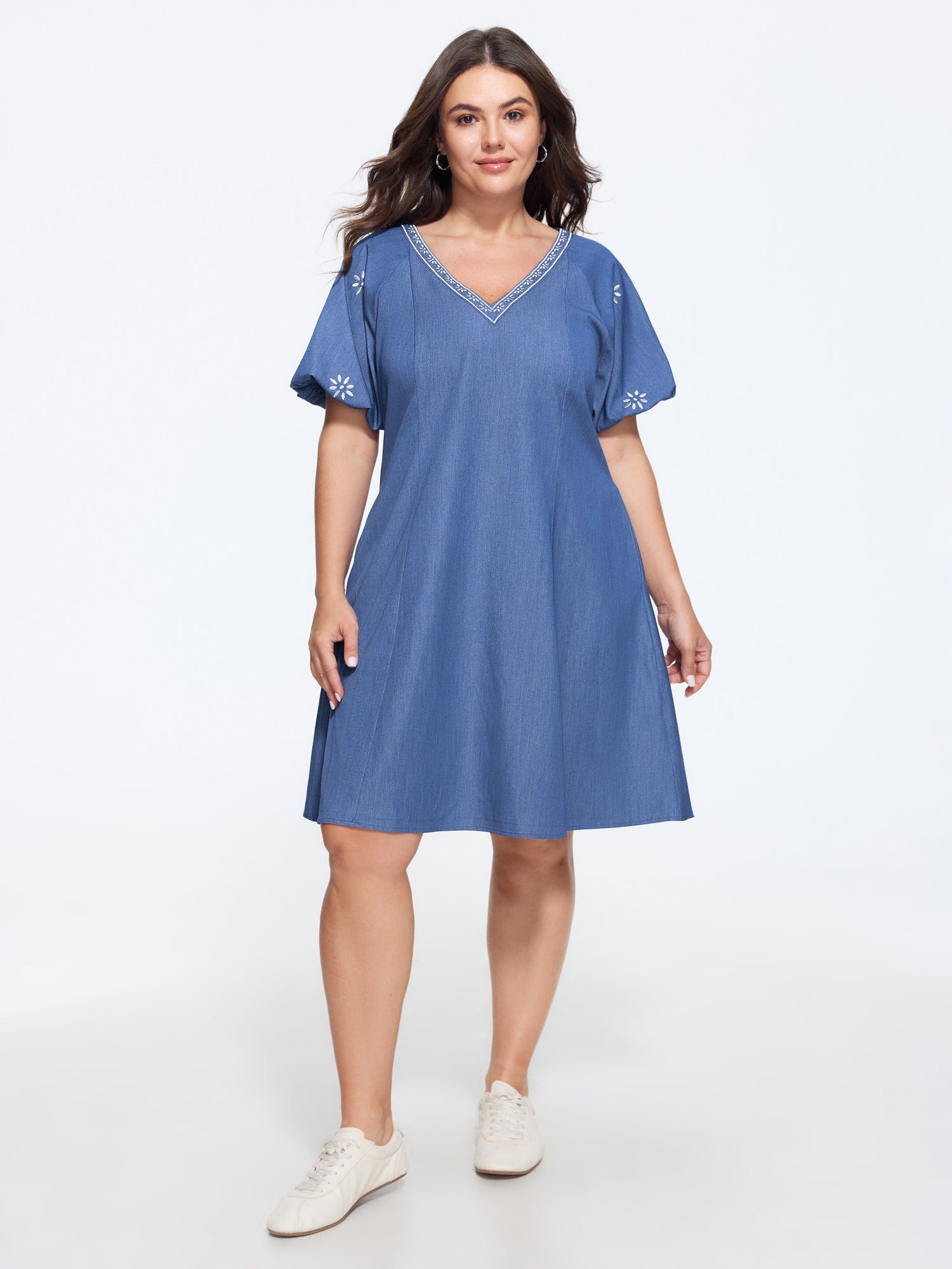 Supersoft Floral Embroidery V Neck Faux Denim Mini Dress