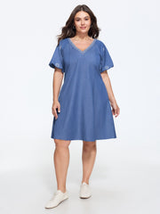 Supersoft Floral Embroidery V Neck Faux Denim Mini Dress