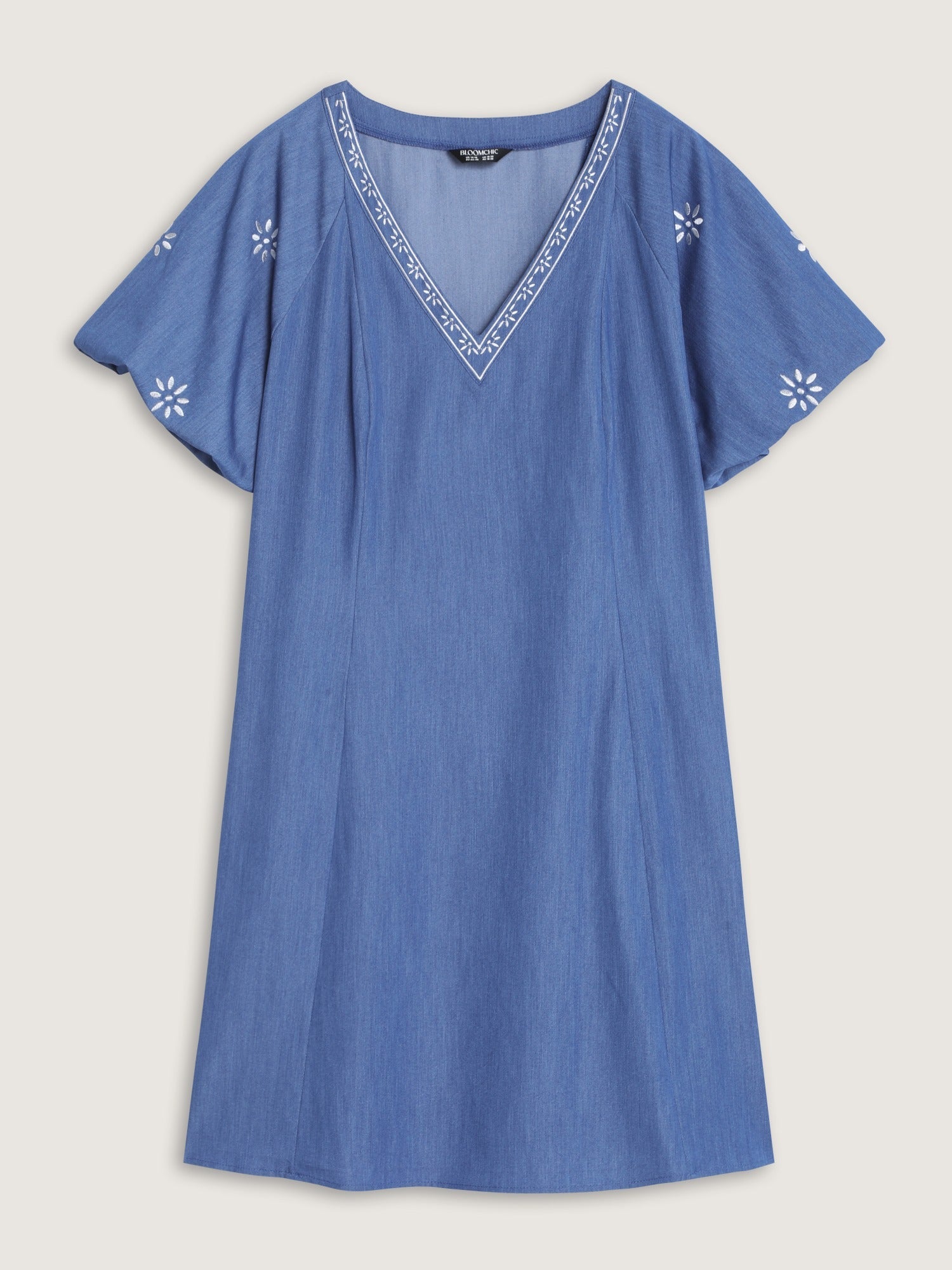 Supersoft Floral Embroidery V Neck Faux Denim Mini Dress