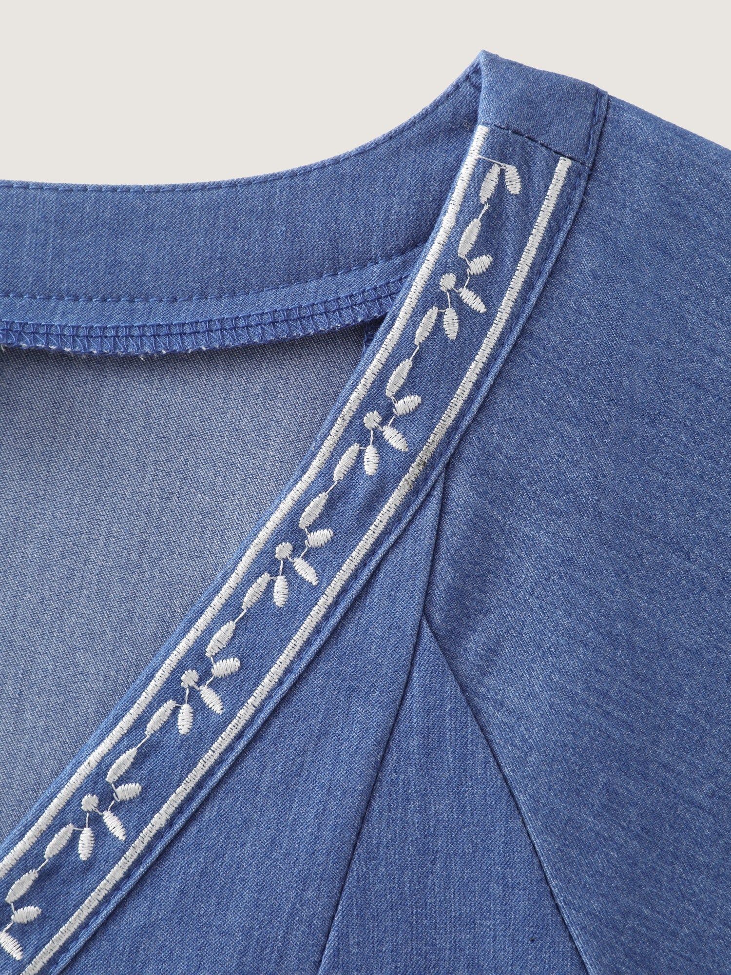 Supersoft Floral Embroidery V Neck Faux Denim Mini Dress