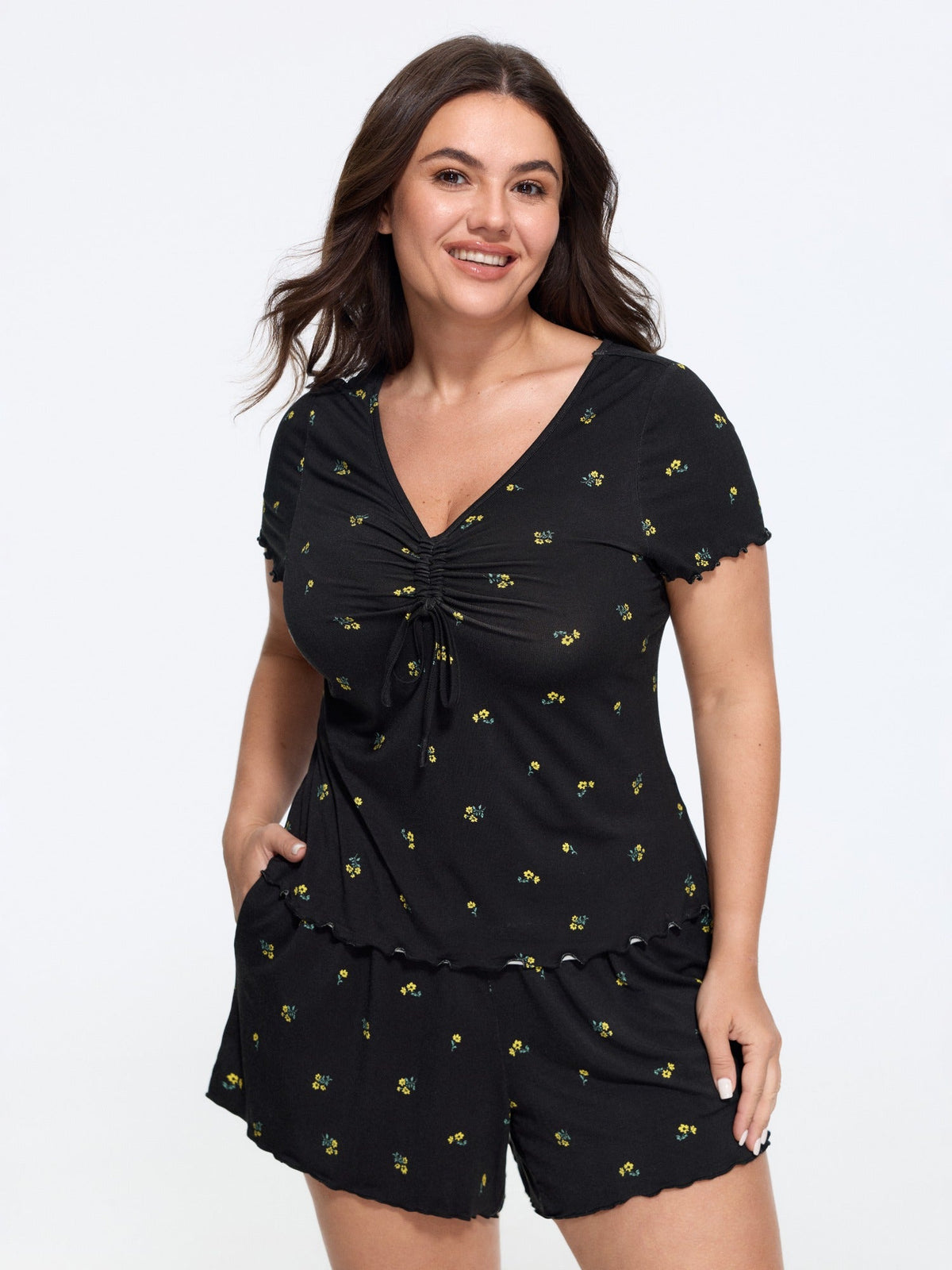 Supersoft Floral Print Ruched Front Pajama Set