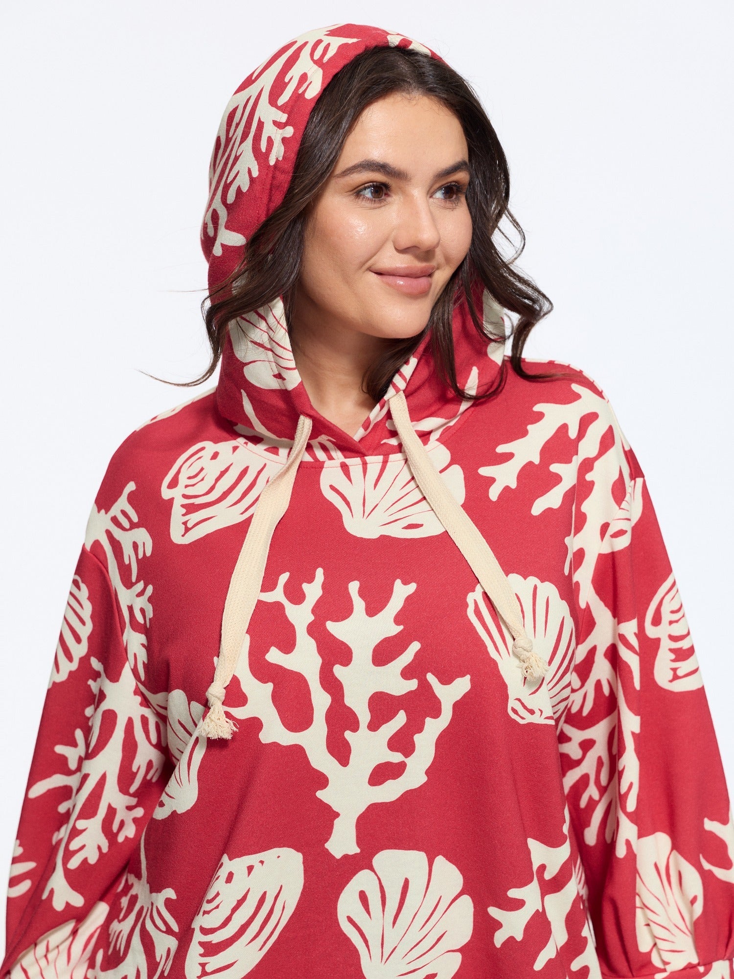 Coral Shell Print Drawstring Hooded Sweatshirt