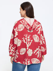 Coral Shell Print Drawstring Hooded Sweatshirt