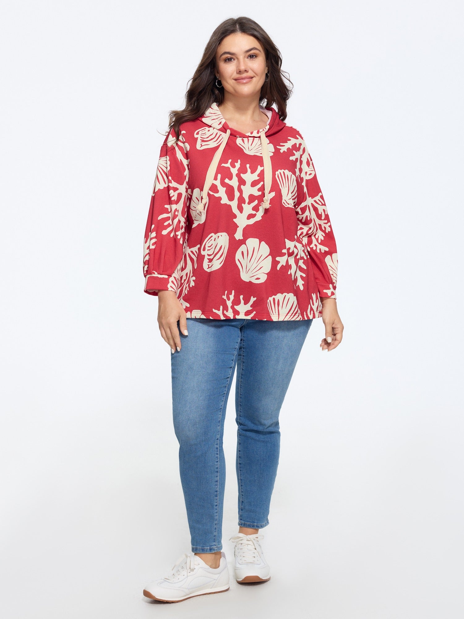 Coral Shell Print Drawstring Hooded Sweatshirt