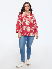 Coral Shell Print Drawstring Hooded Sweatshirt