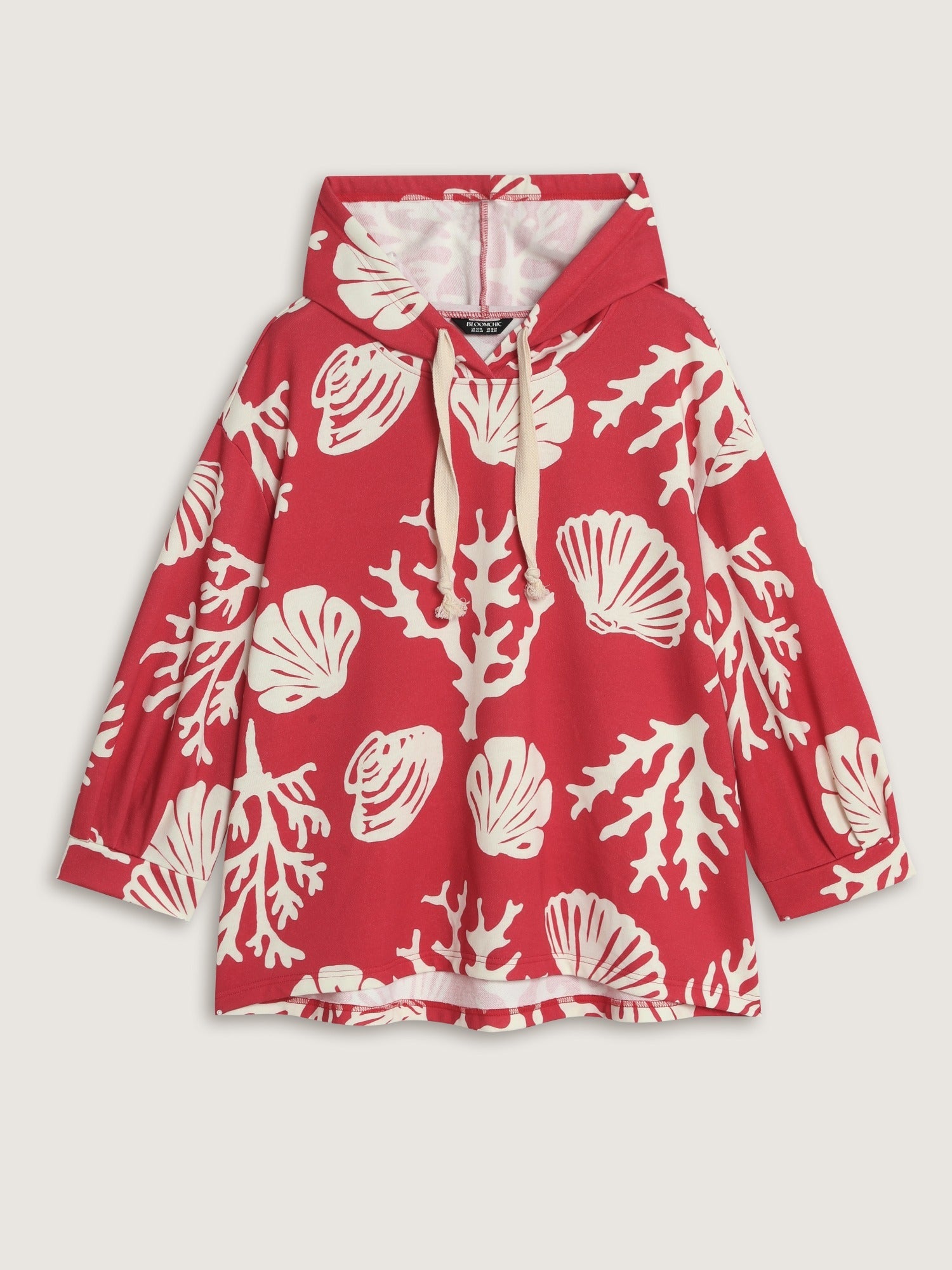 Coral Shell Print Drawstring Hooded Sweatshirt