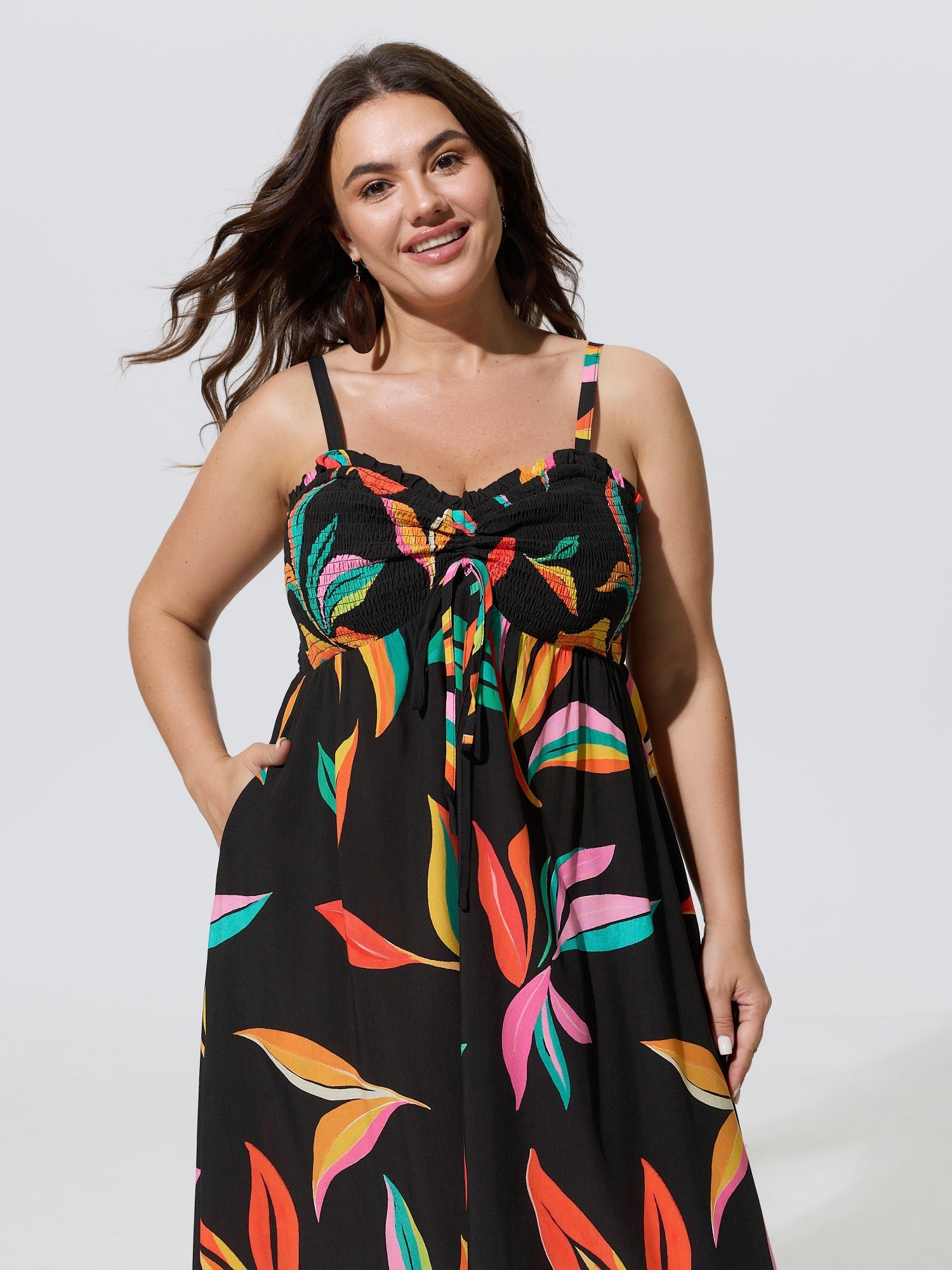 Supersoft Leaf Print Shirred Bust Friendly Midi Dress