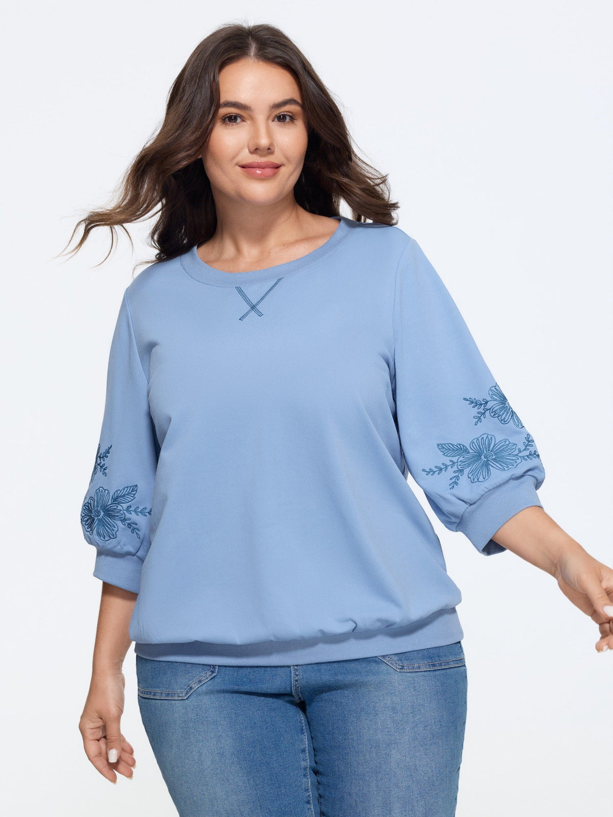 Floral Embroidered Sleeve Crew Neck Sweatshirt