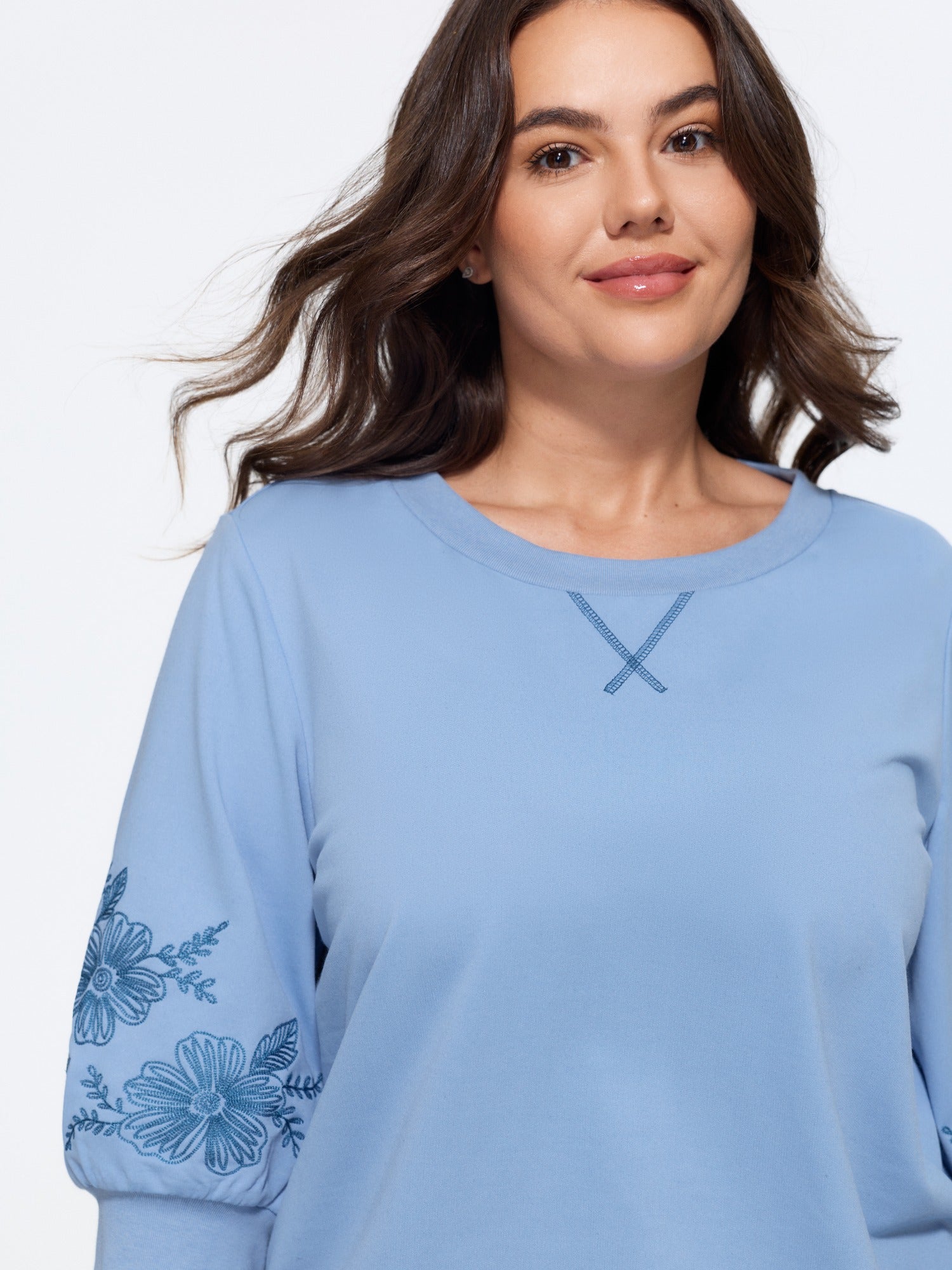Floral Embroidered Sleeve Crew Neck Sweatshirt