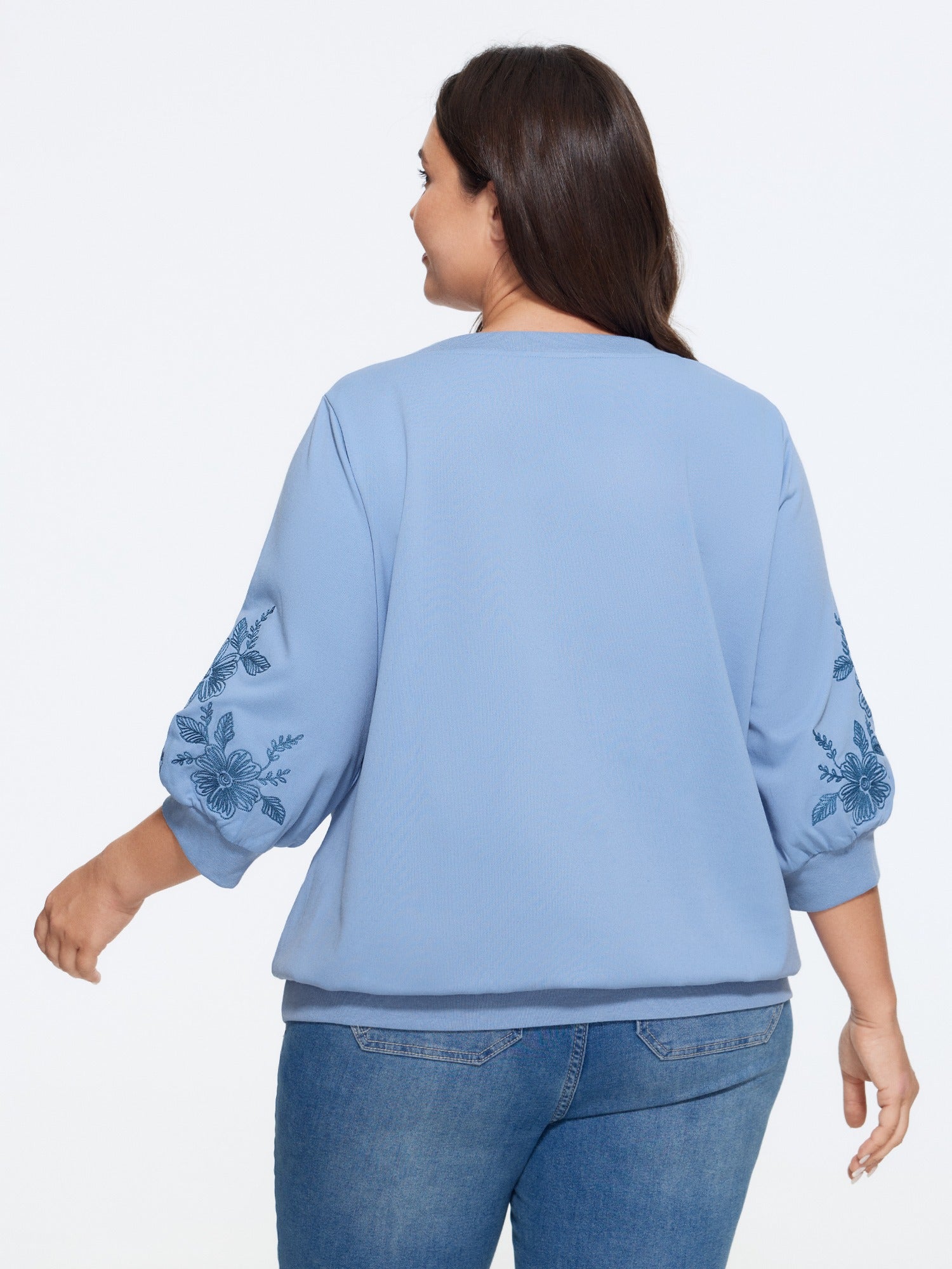 Floral Embroidered Sleeve Crew Neck Sweatshirt