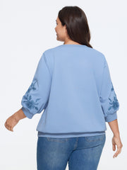Floral Embroidered Sleeve Crew Neck Sweatshirt