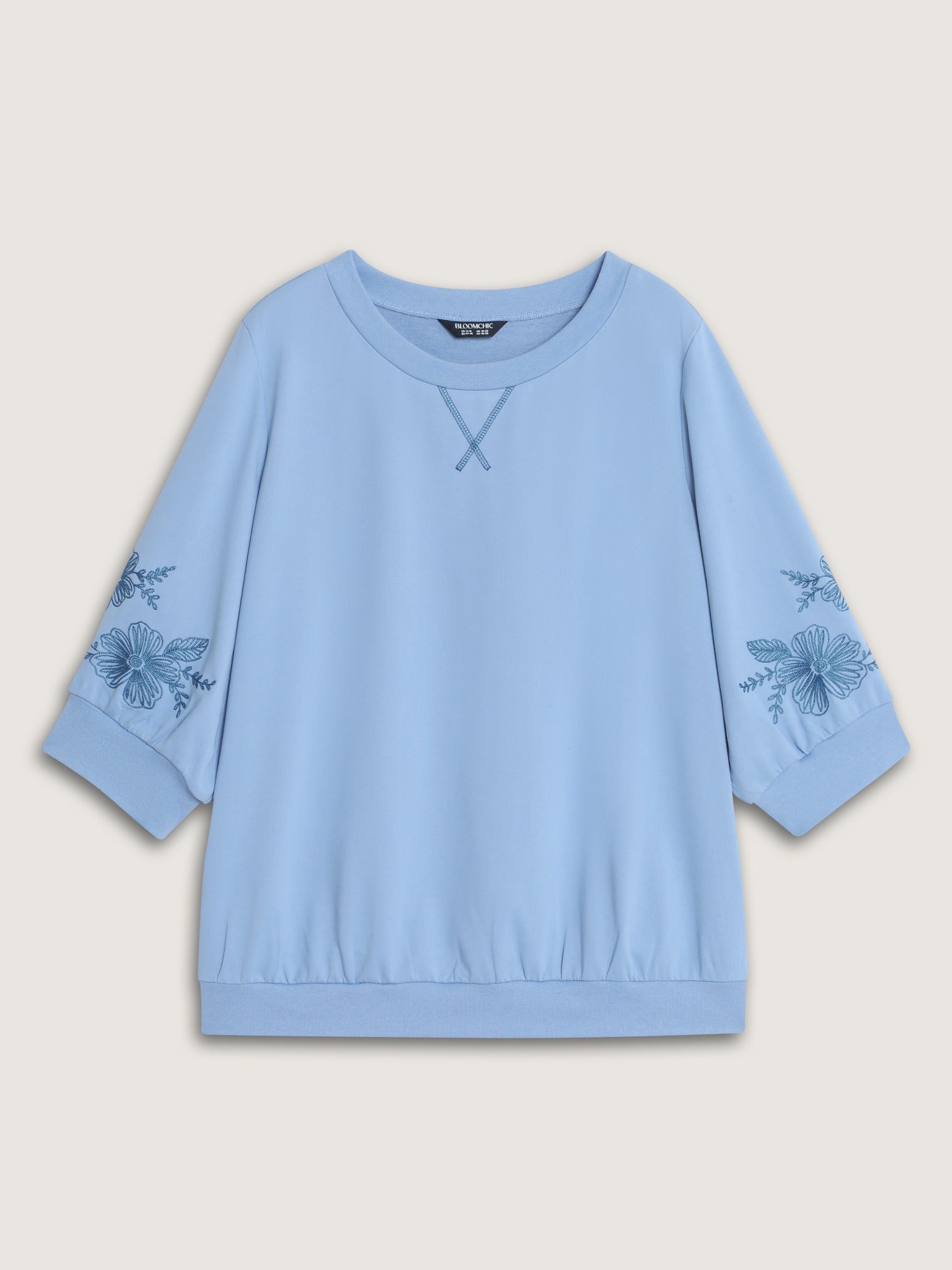Floral Embroidered Sleeve Crew Neck Sweatshirt