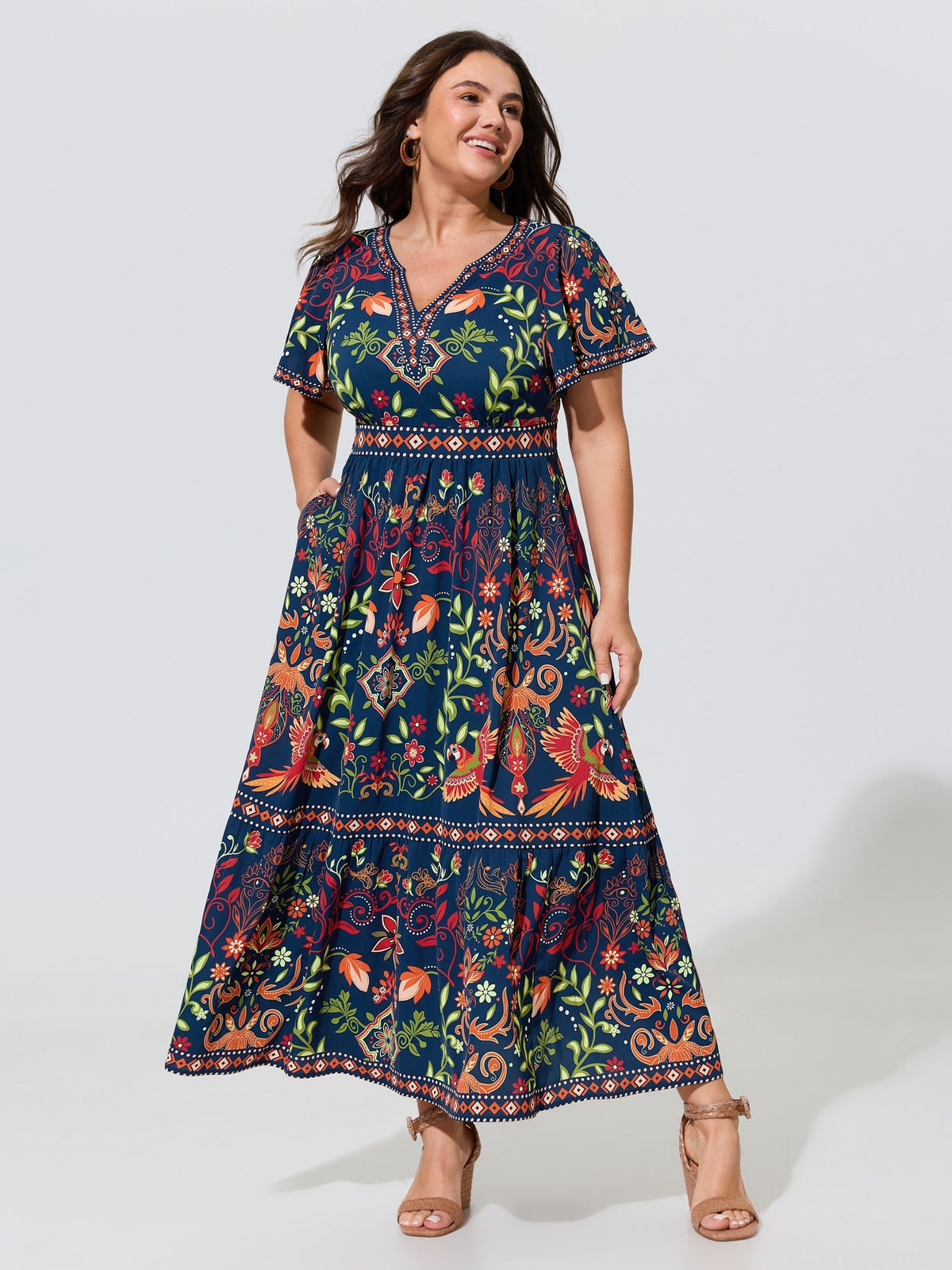 Boho Floral Print Notched Collar Tiered Midi Dress