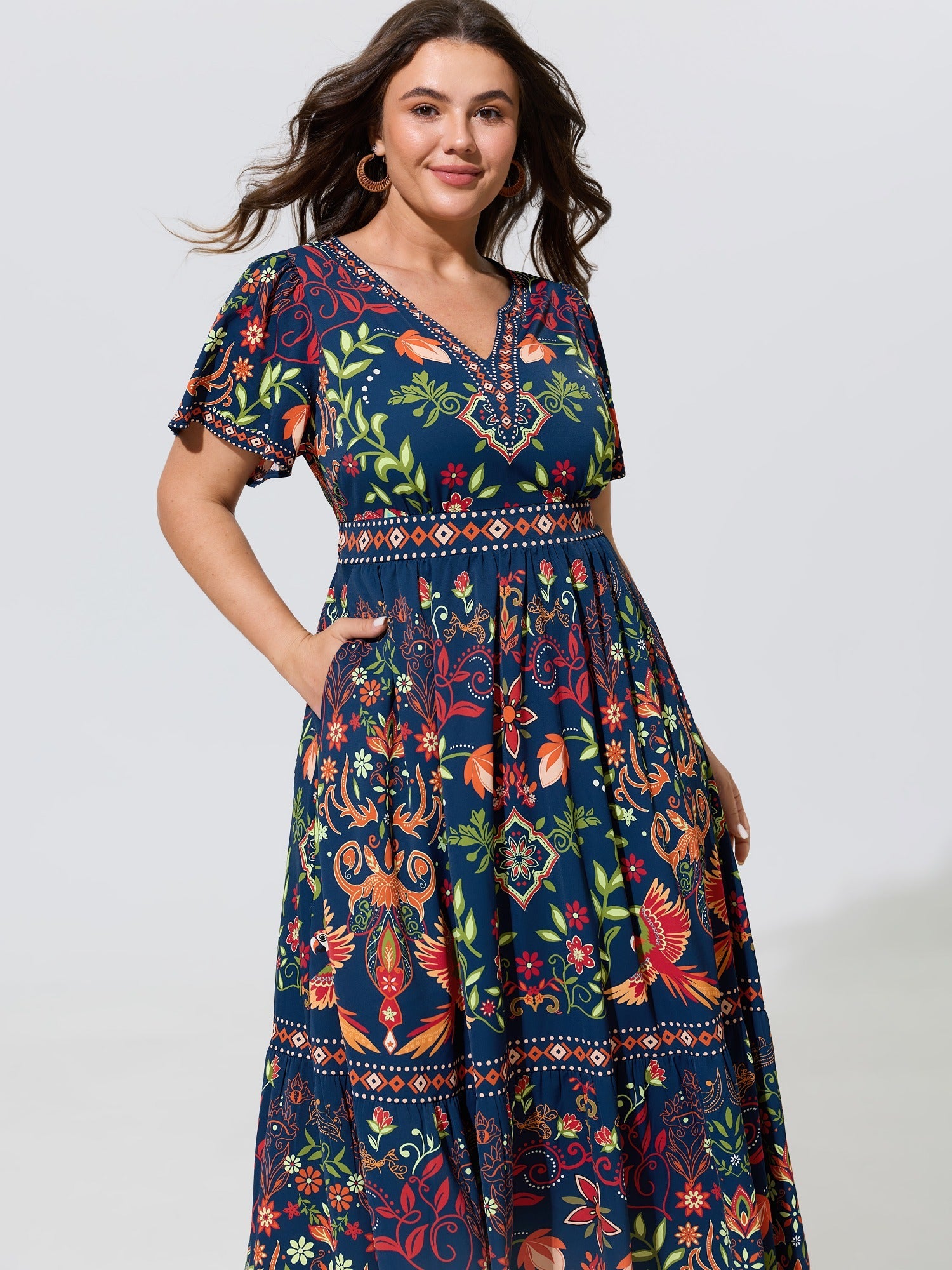 Boho Floral Print Notched Collar Tiered Midi Dress
