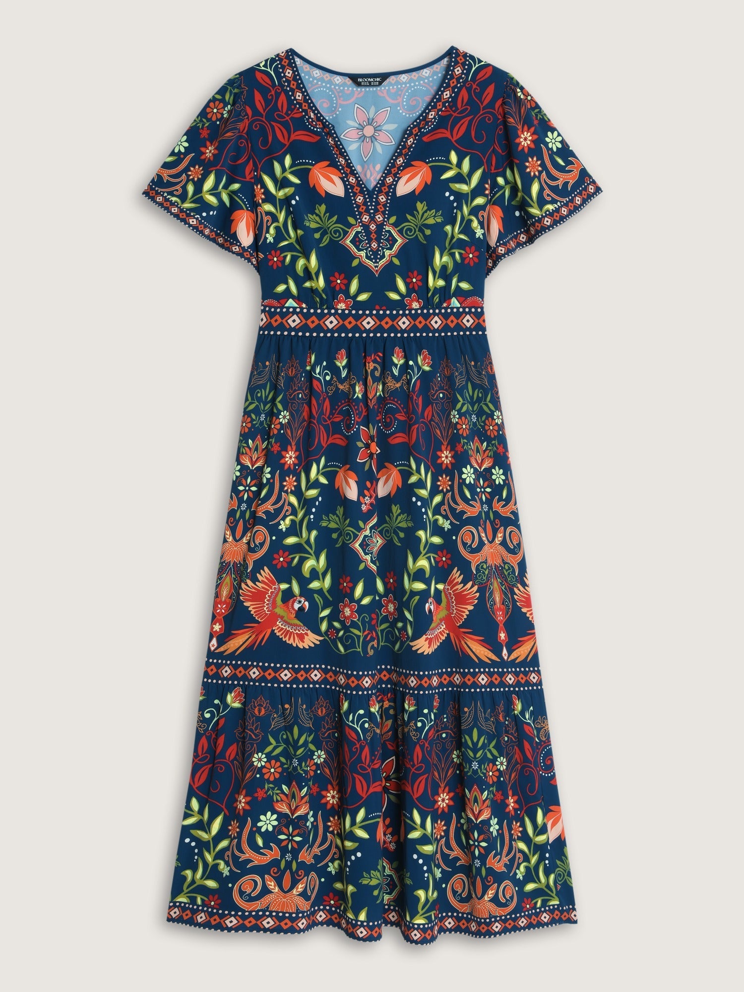 Boho Floral Print Notched Collar Tiered Midi Dress