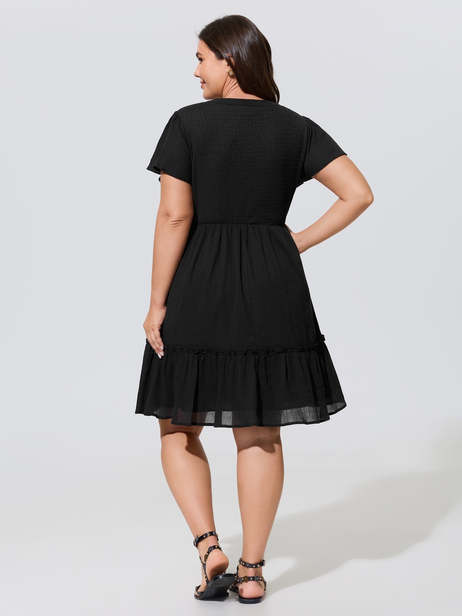 Cotton Stretchy Button Detail Tiered Mini Dress