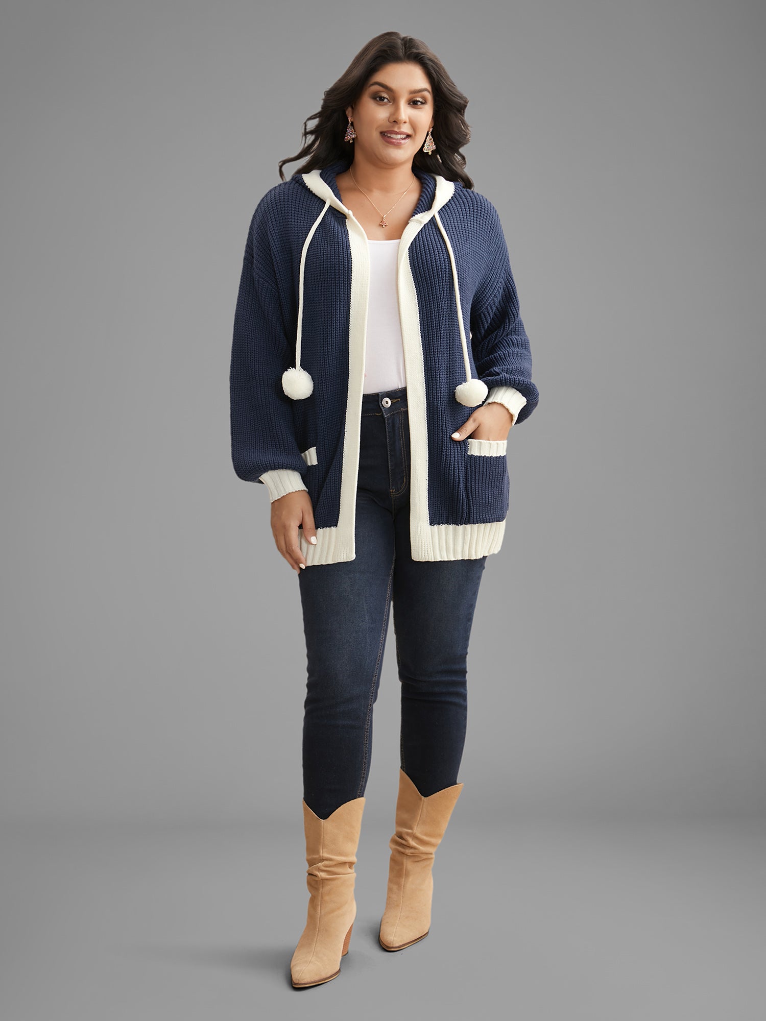 Contrast Hood Hemline Pockets Open Cardigan