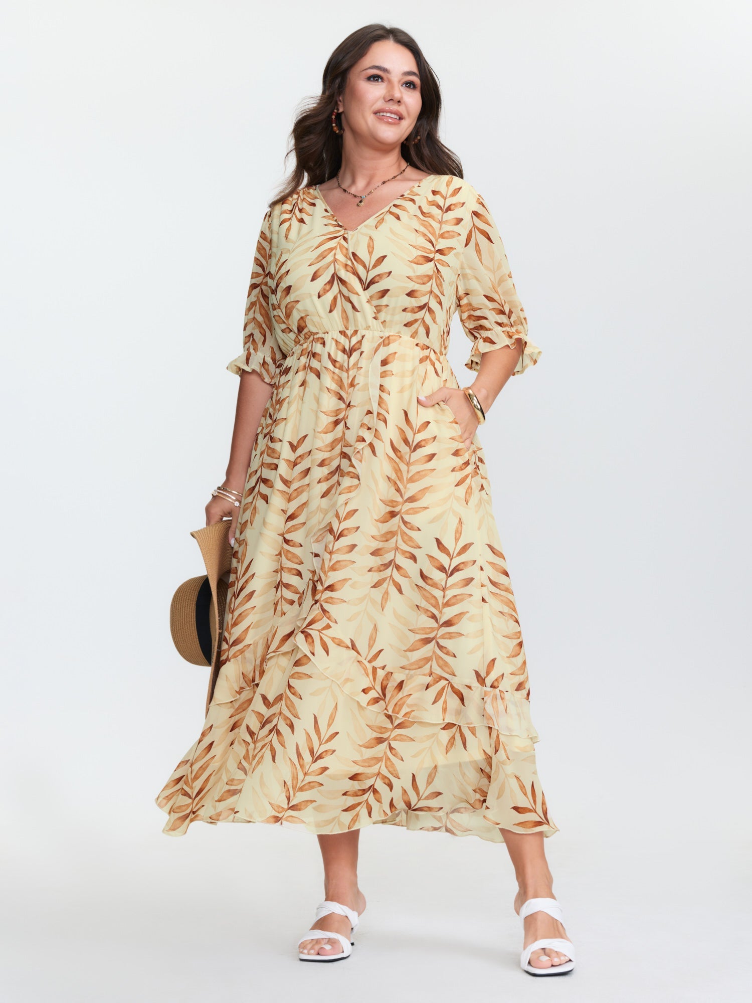 Leaf Print Wrap Neckline Ruffled Maxi Dress