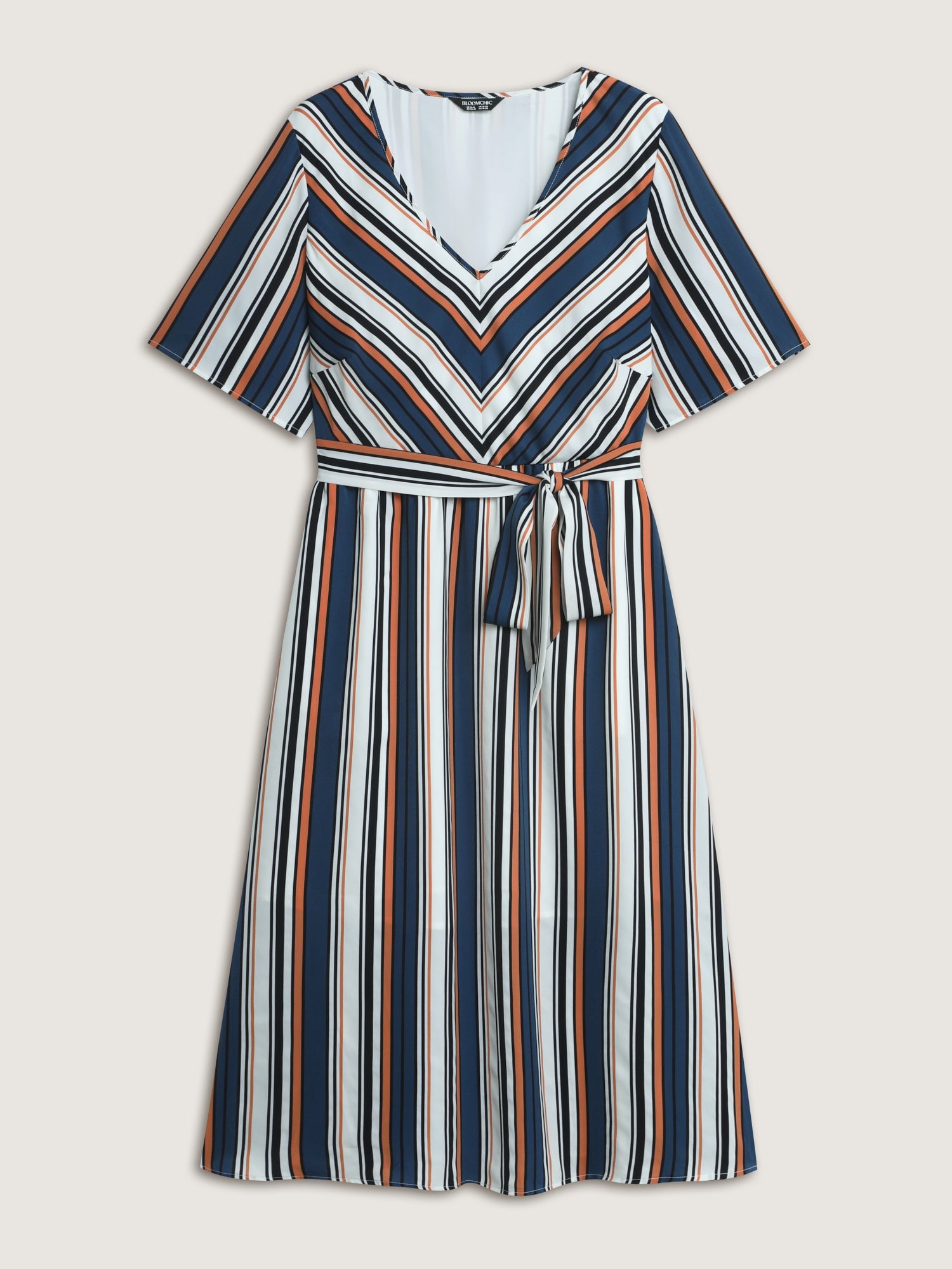 Striped Waist-Tie Pockets Midi Dress