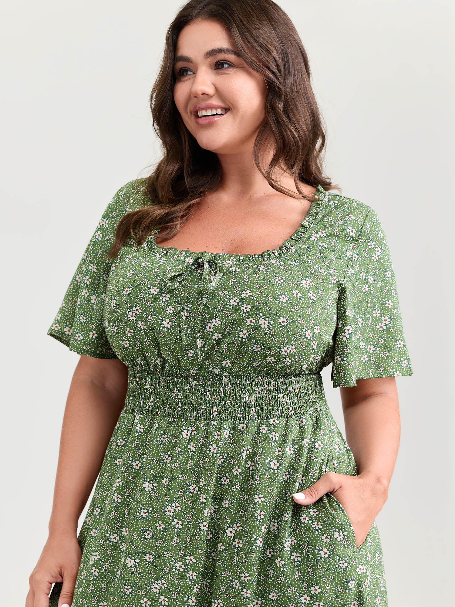 Floral Print Shirred Pockets Midi Dress