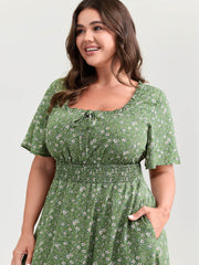 Floral Print Shirred Pockets Midi Dress