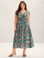 Floral Print Shoulder Tie Pockets Maxi Dress