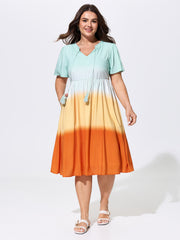 Color Contrast Tiered Drawstring Neckline Midi Dress