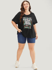 Floral & Slogan Print Slightly Stretchy Casual T-shirt