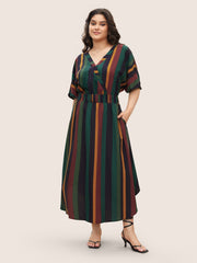 Striped Dolman Sleeve  Pocket Shirred Flutter Wrap Dress