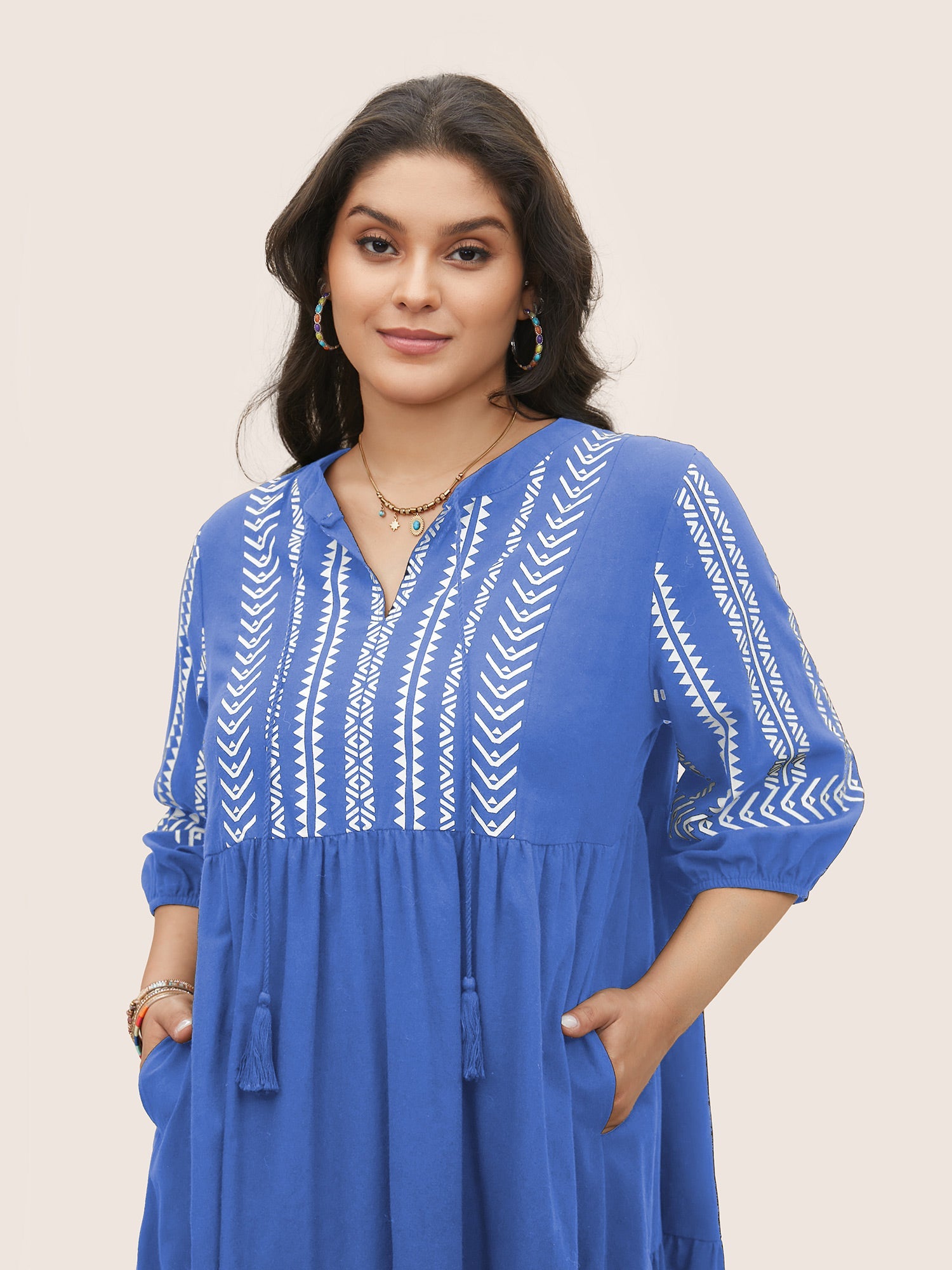 Cotton Geometric Bandana Print Tassel Trim Dress
