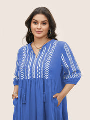Cotton Geometric Bandana Print Tassel Trim Dress