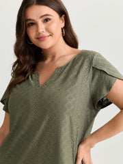 Eyelet Trim Split Neckline Knit Top