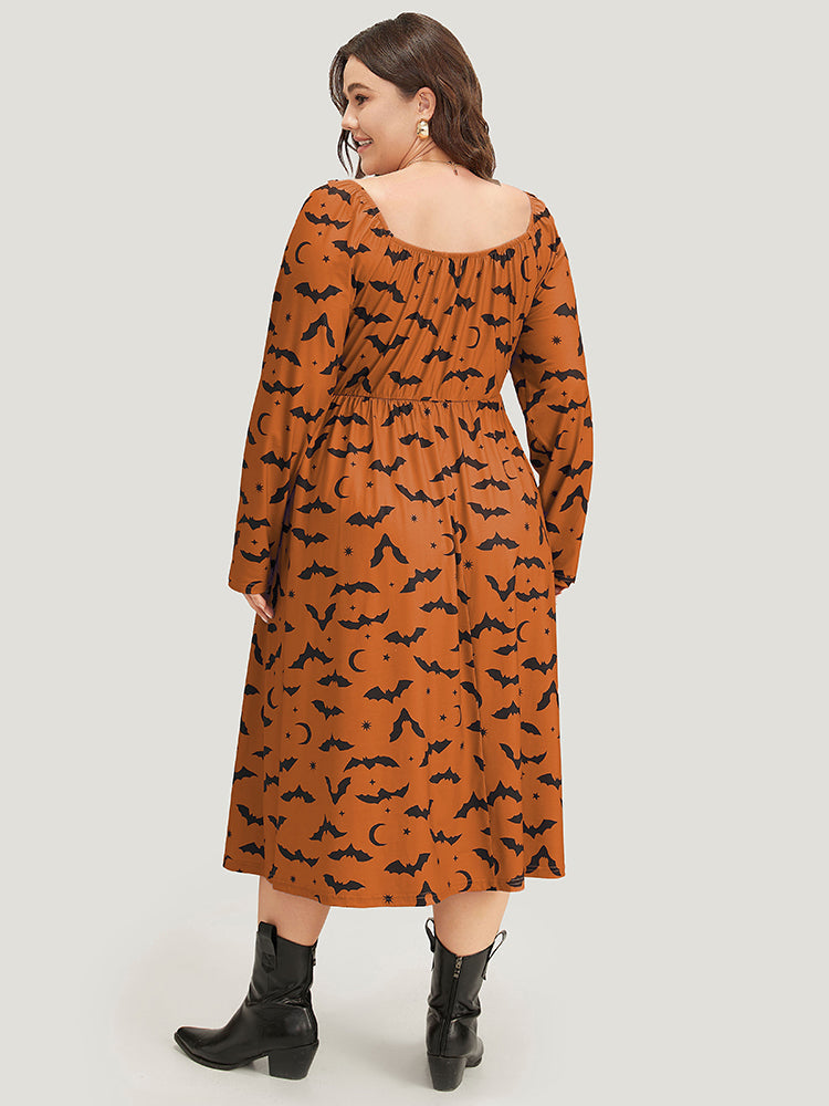 Halloween Bat Print Pocket Square Neck Dress