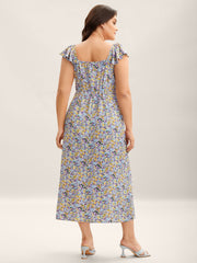 Ditsy Floral Print Neck Tie Midi Dress