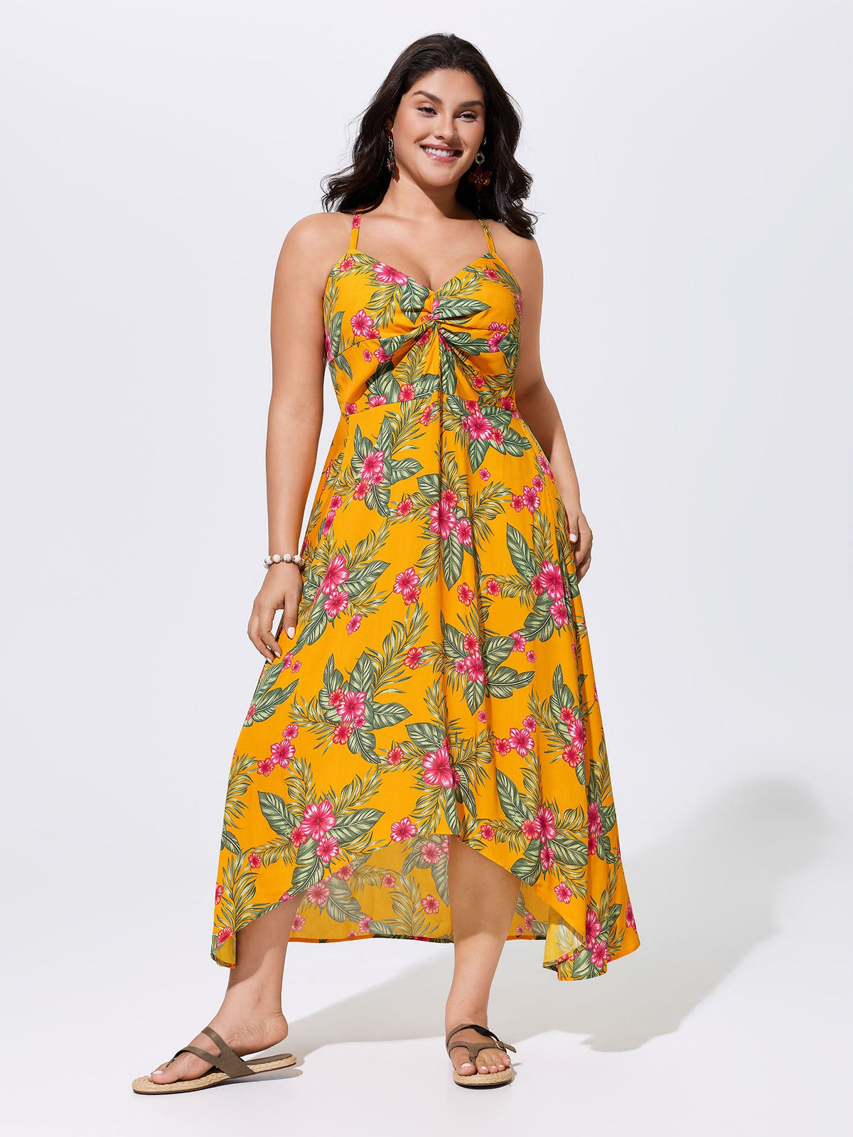 Tropical Print Twist Front Flowy Midi Dress
