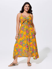 Tropical Print Twist Front Flowy Midi Dress