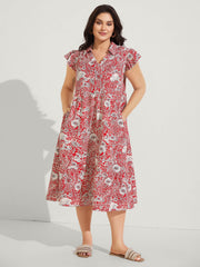 Paisley Print Collar Flutter Sleeve Midi Dress