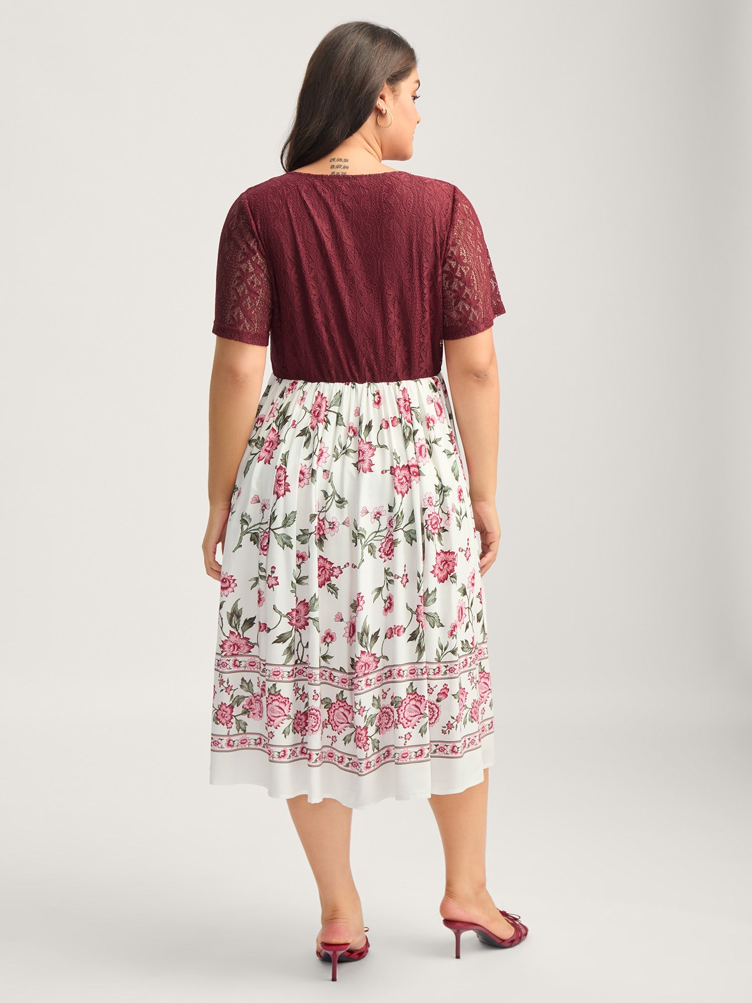 Floral Lace Stretchy Waist Contrast Midi Dress