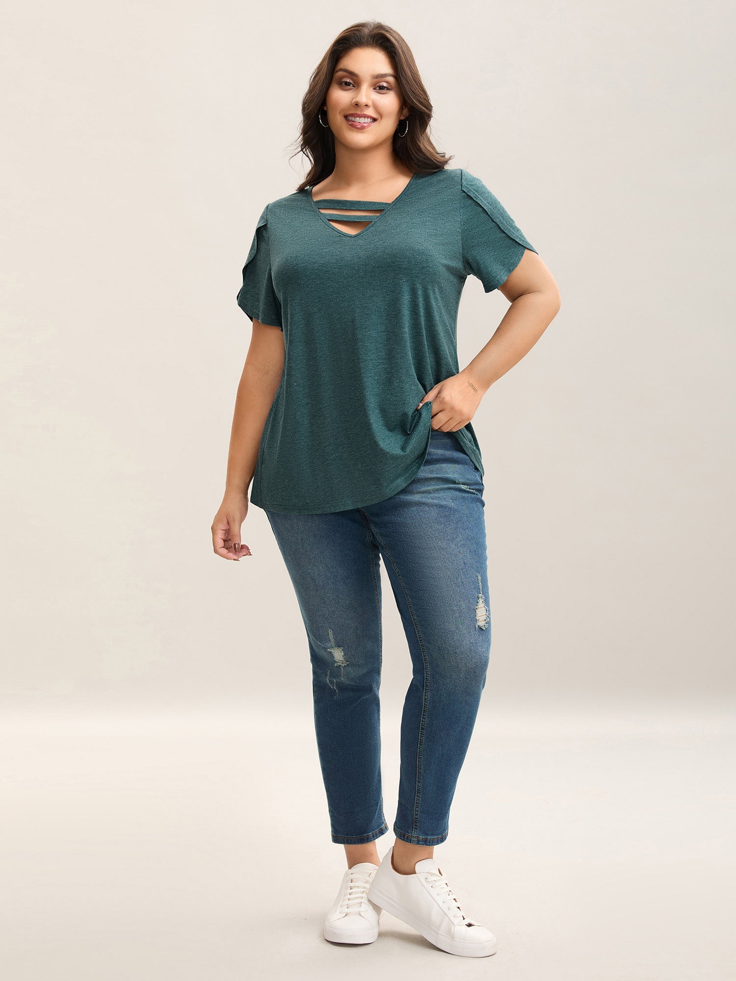 Heather Stretchy Neck Cut-Out T-Shirt