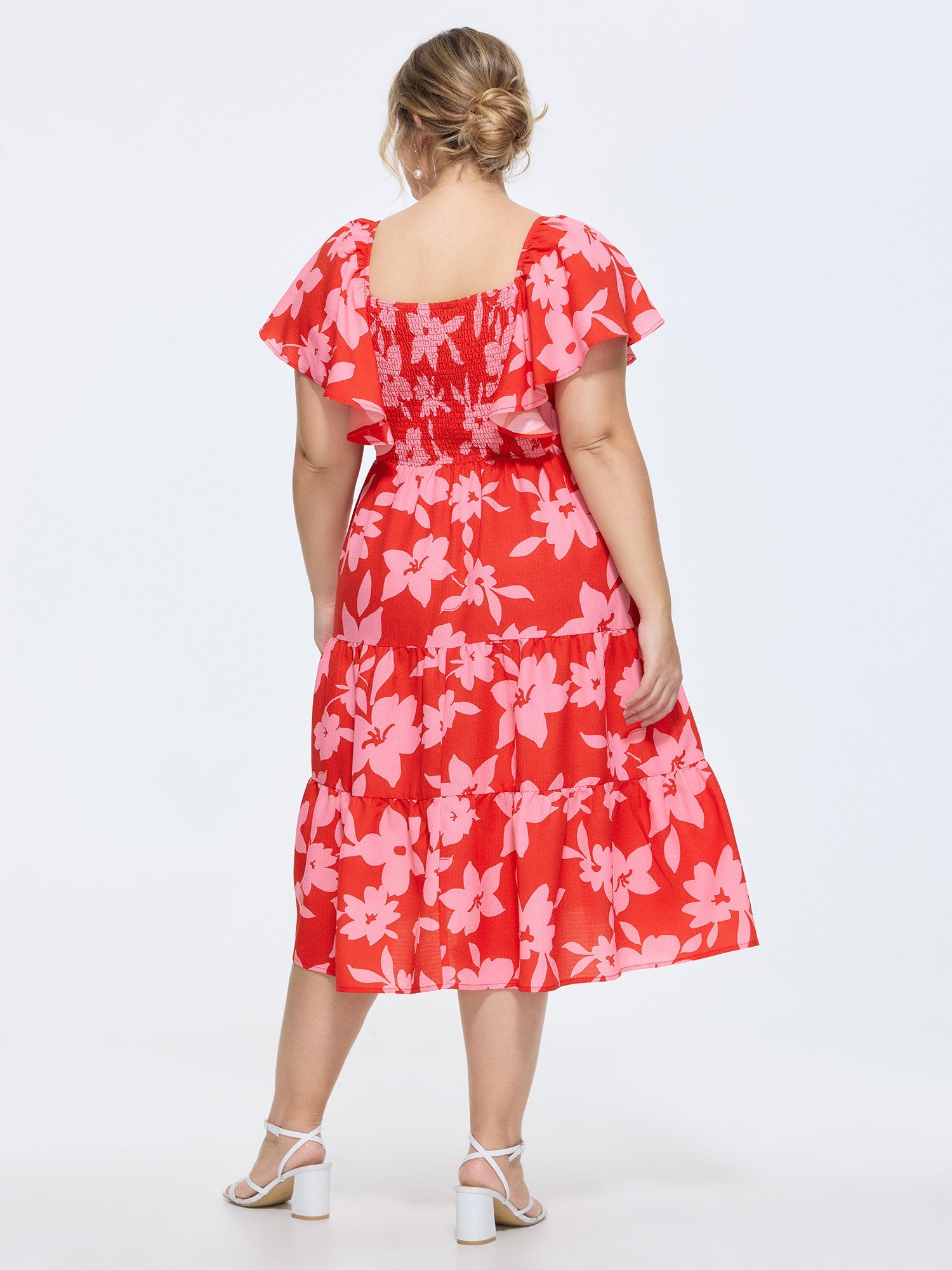 Floral Print Shirred Flared Sleeve Midi Dress