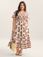 Rayon Floral Print Stretchy Waist Midi Dress