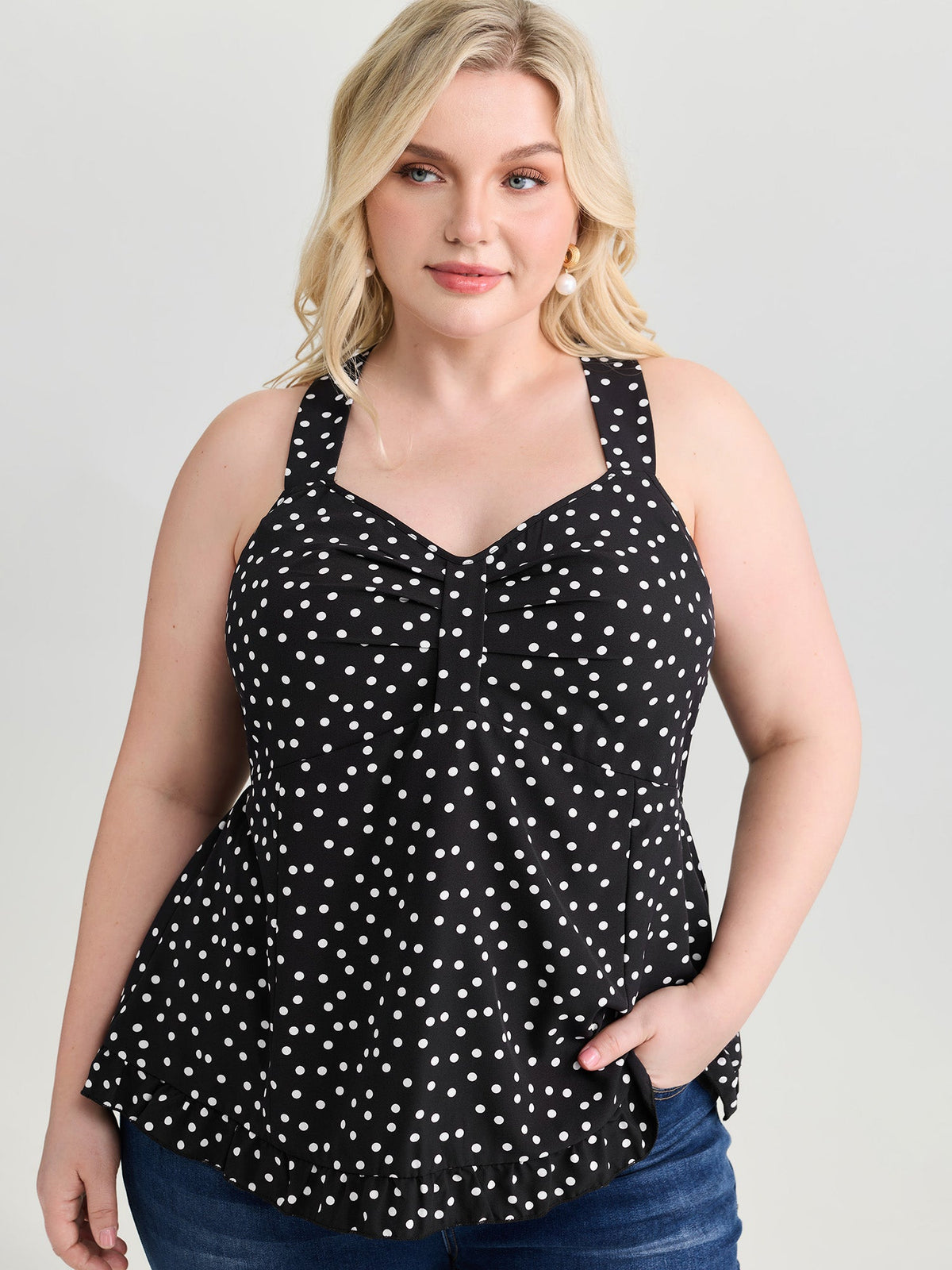 Polka Dot Print Gathered Bodice Tank Top