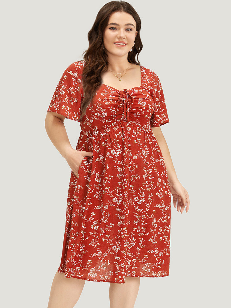 Floral Print Square Neck Ruched Ruffles Drawstring Dress