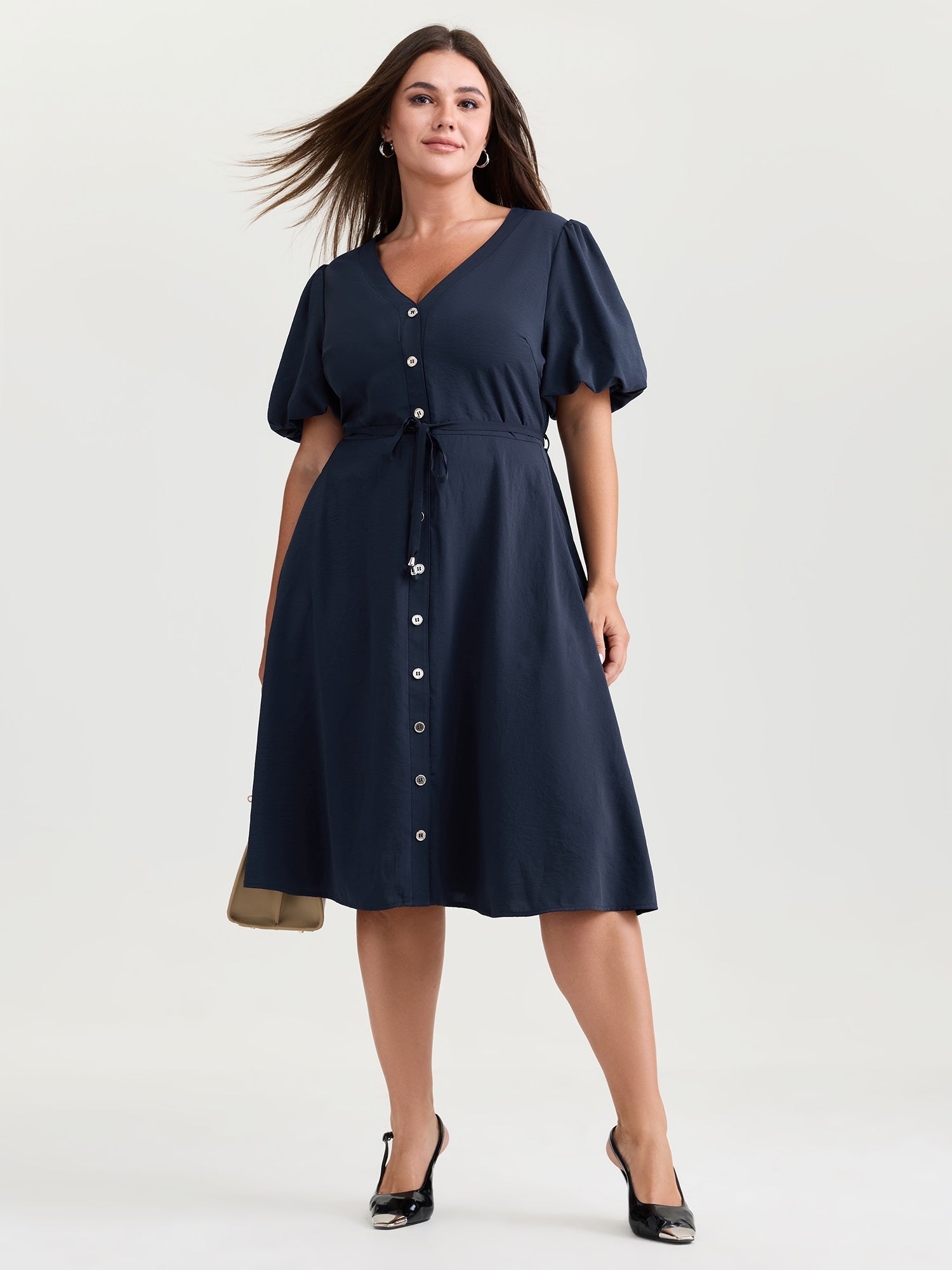 Bubble Sleeve Button Detail Flowy Midi Dress