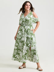 Tropical Floral Print Cut-Out Shoulder Maxi Dress