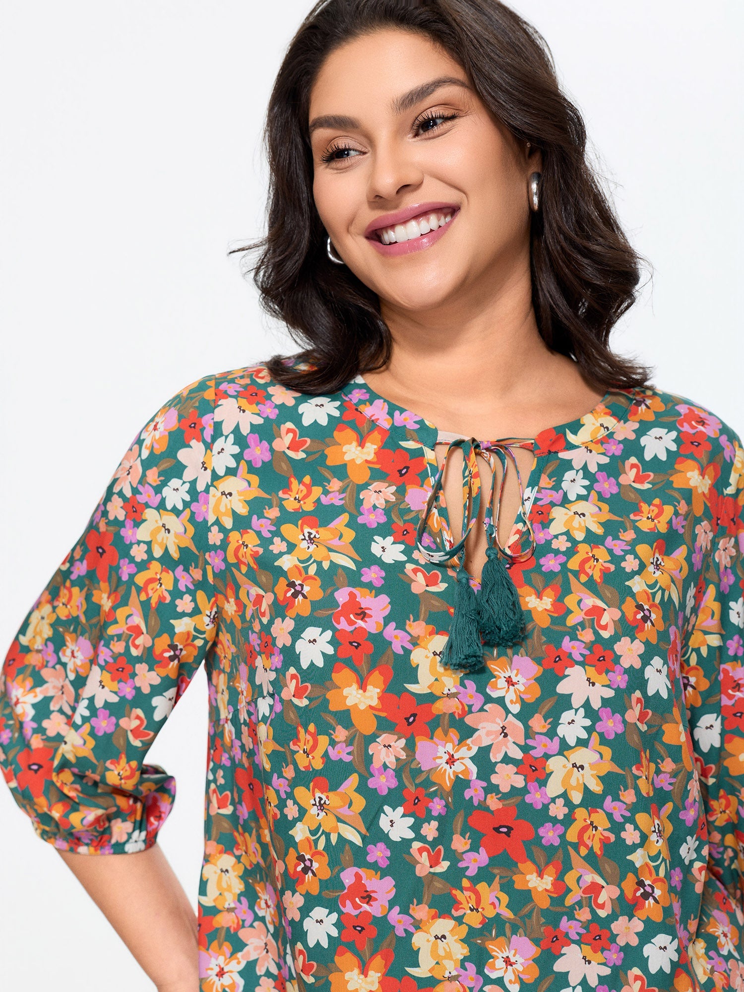Supersoft Floral Print Tassel Neckline Blouse