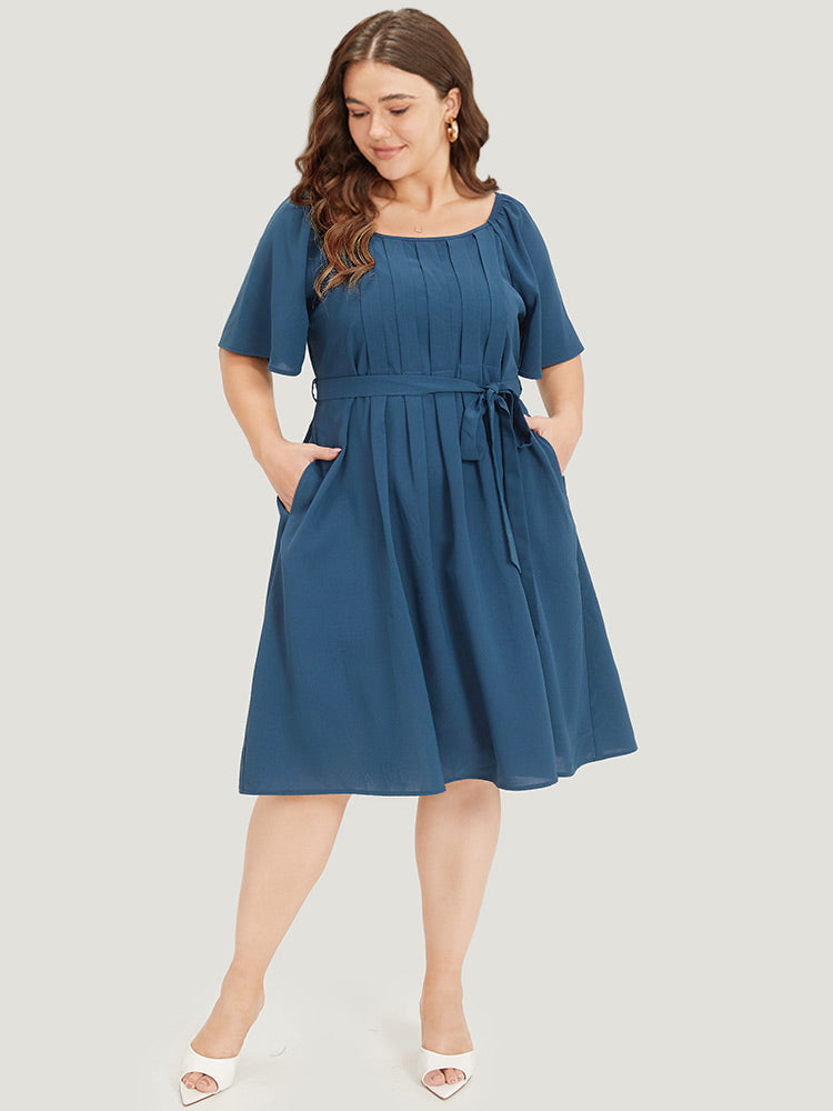 Plain Pocket Belted Pleated Raglan Sleeve Dress