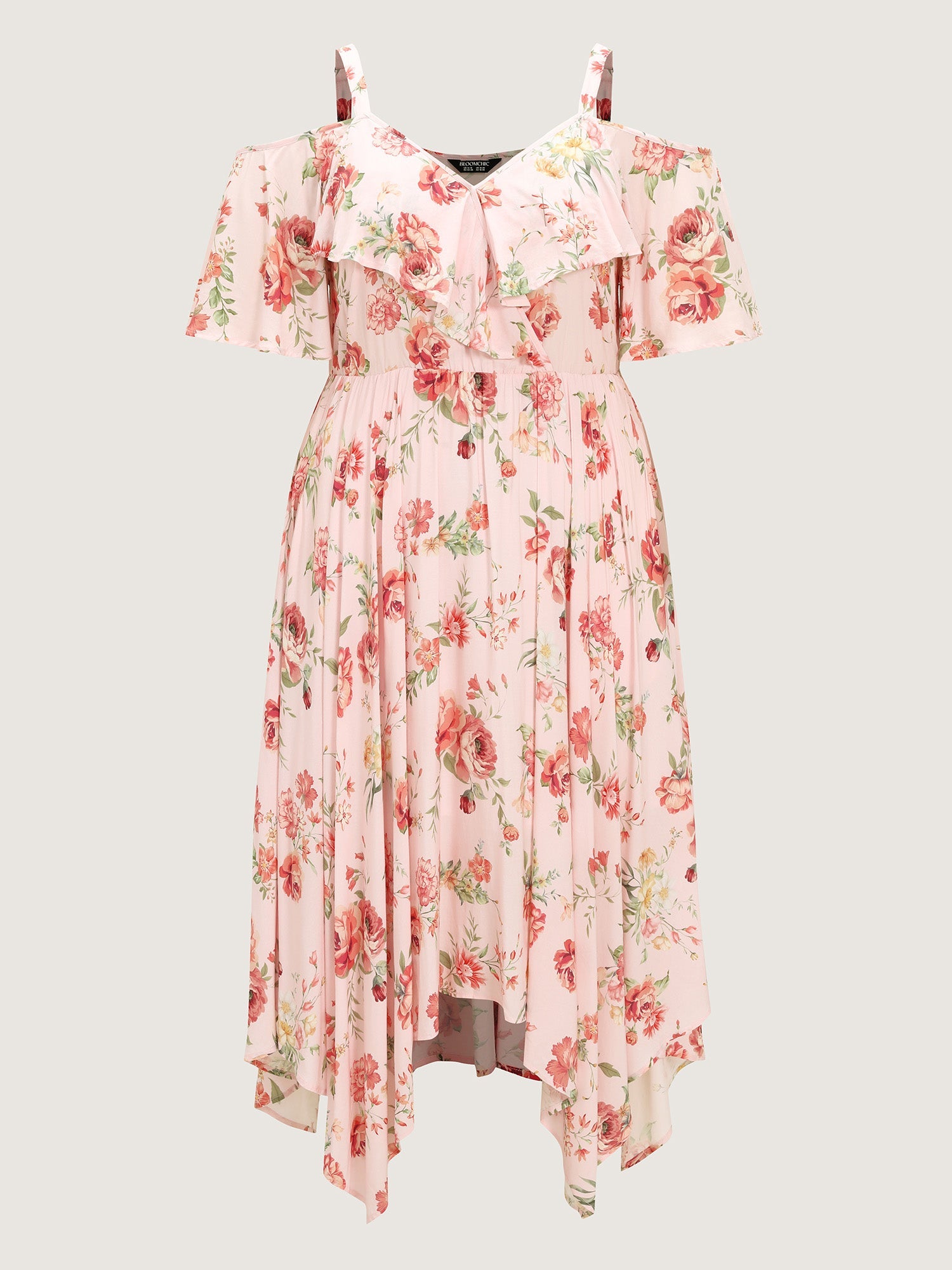 Floral Print Ruffled Cold-Shoulder Midi Dress