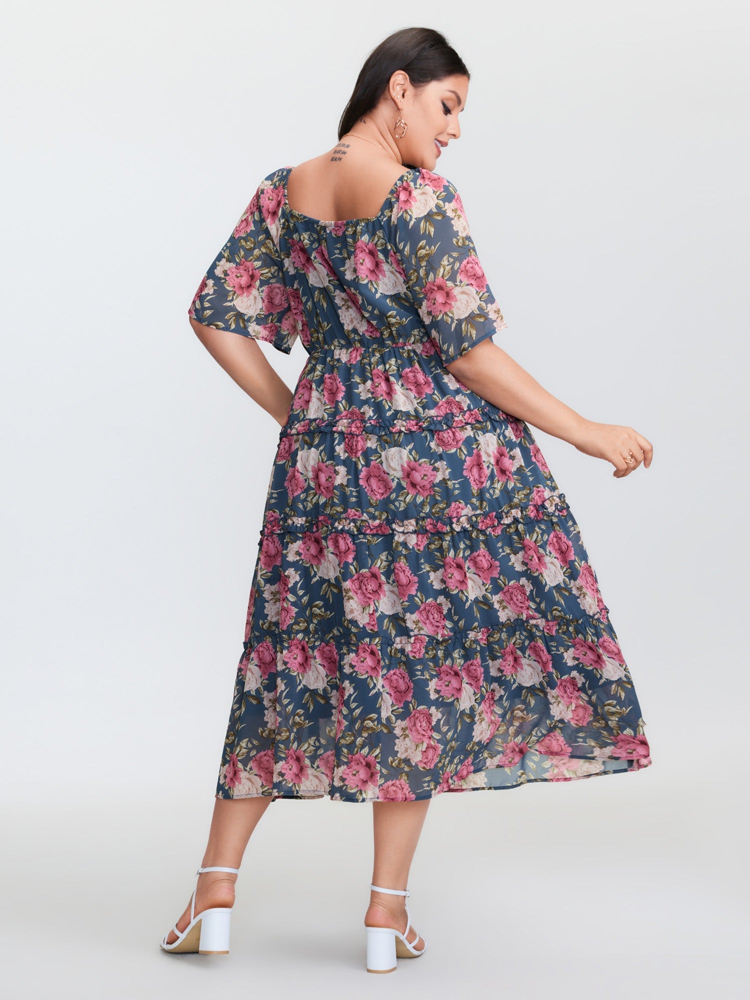 Floral Print Mesh Ruffled Maxi Dress